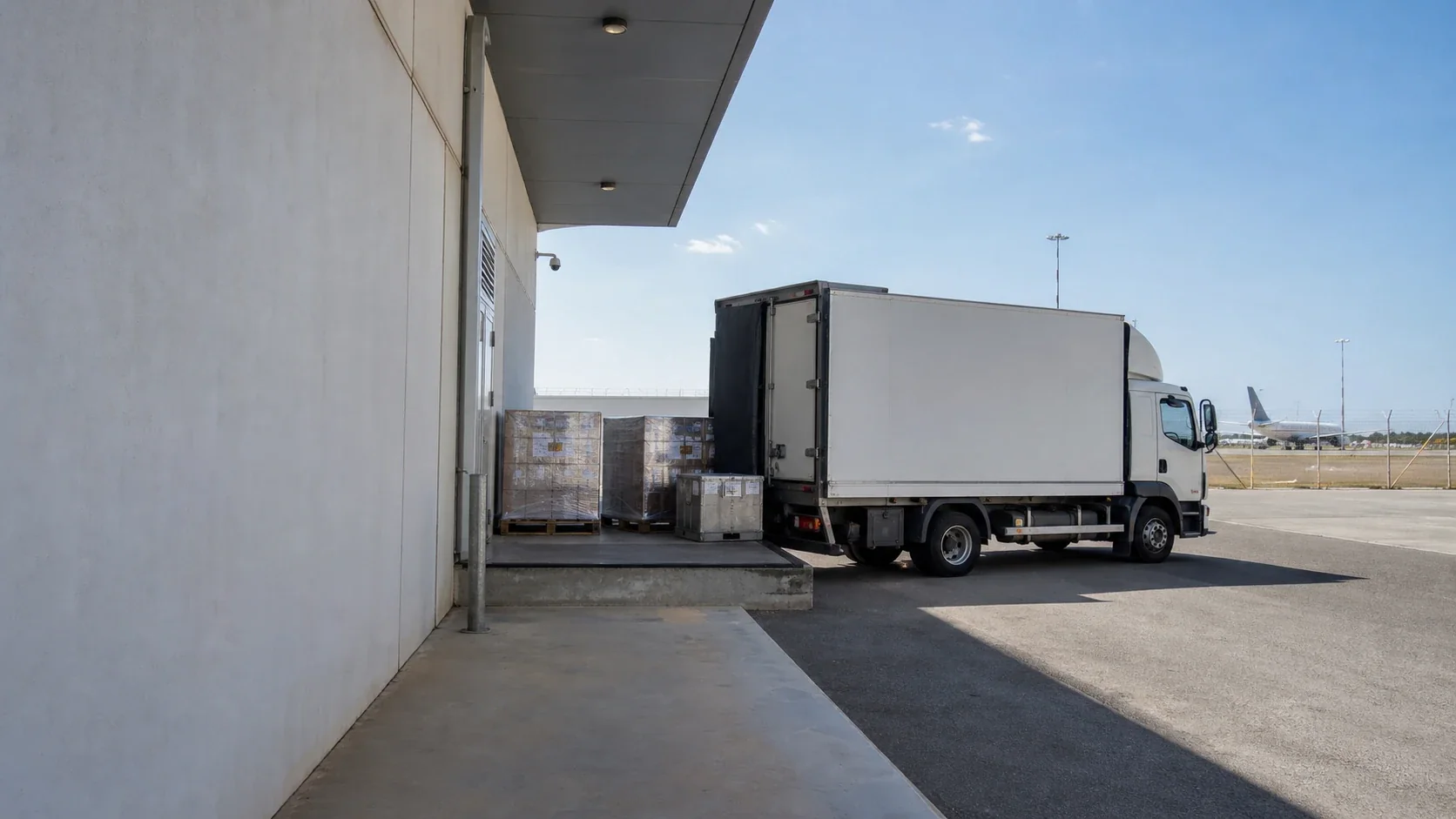 Generierte Szene einer landseitigen Luftfrachtabholung am Frachtterminal für den Weitertransport per LKW