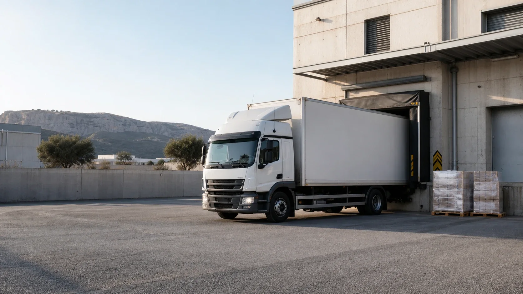 Generierte Szene einer geplanten B2B-Belieferung mit Verteiler-LKW an einer Laderampe