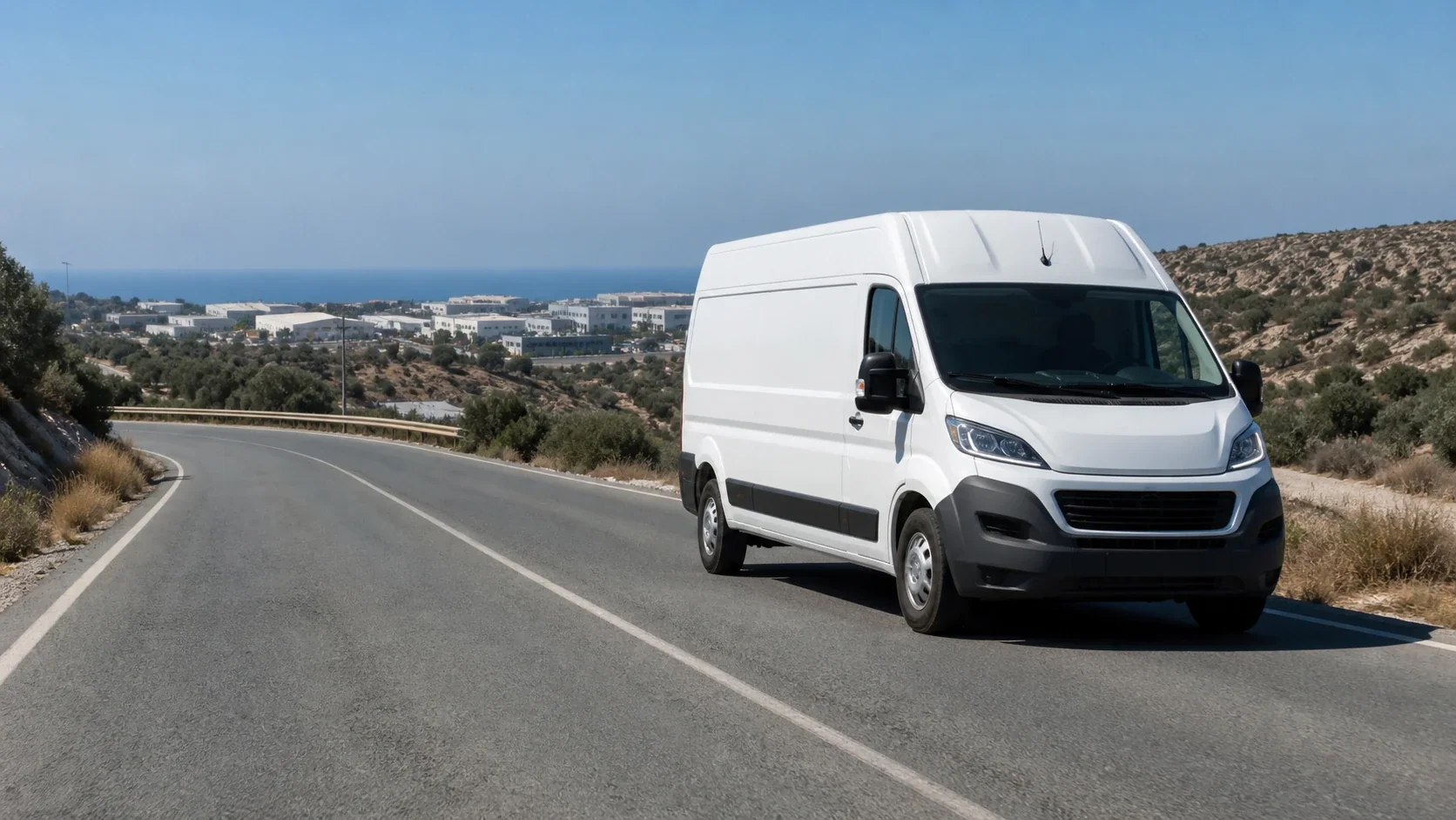 Generierte Szene einer direkten B2B-Fahrt mit einem Transporter auf einer mediterranen Straße
