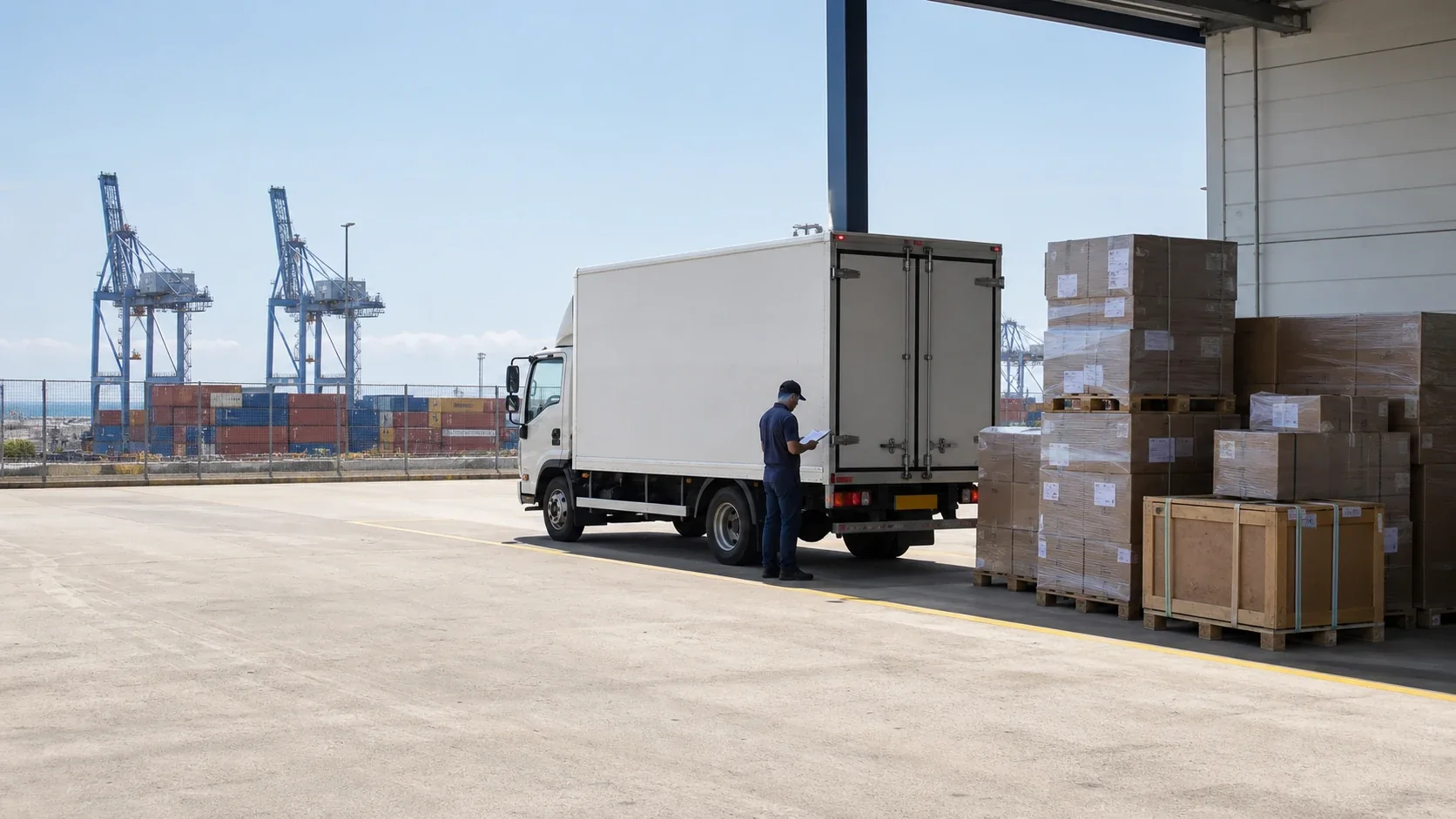 Generierte Szene bereitgestellter Sammelgutpaletten und eines Verteiler-LKW an einem Hafendepot