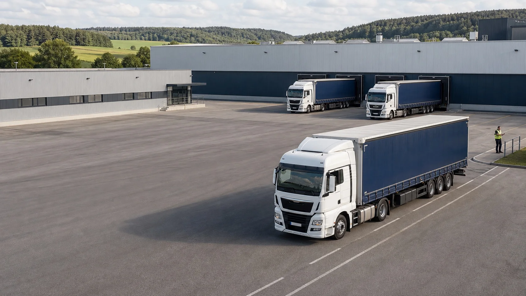Generated scheduled-departure scene: a European articulated truck leaves a distribution centre while two more stand at the loading docks