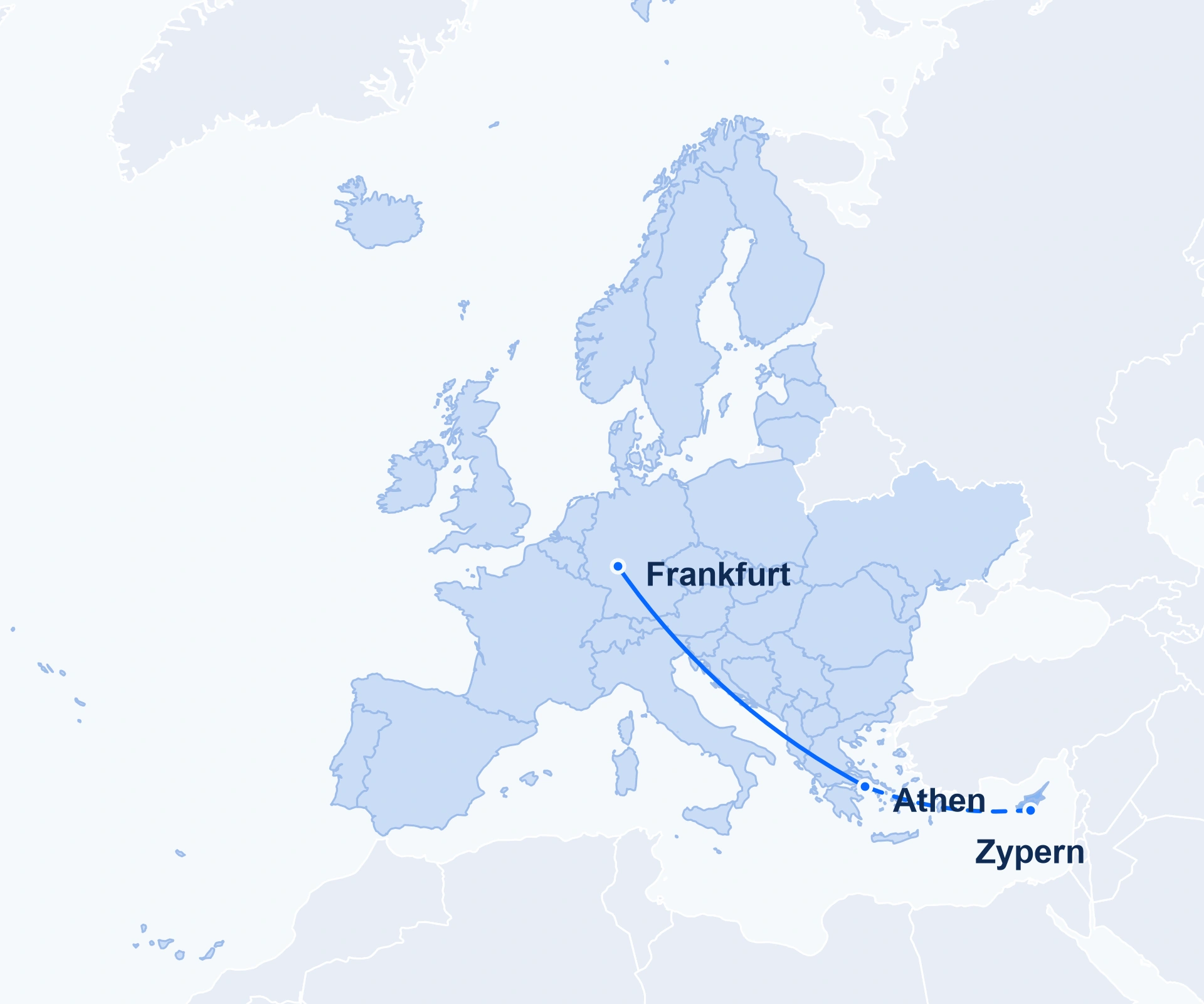 Europakarte von Island und Skandinavien bis Zypern. Zypern ist hervorgehoben. Die Verbindung von Frankfurt über Athen nach Zypern ist schematisch.