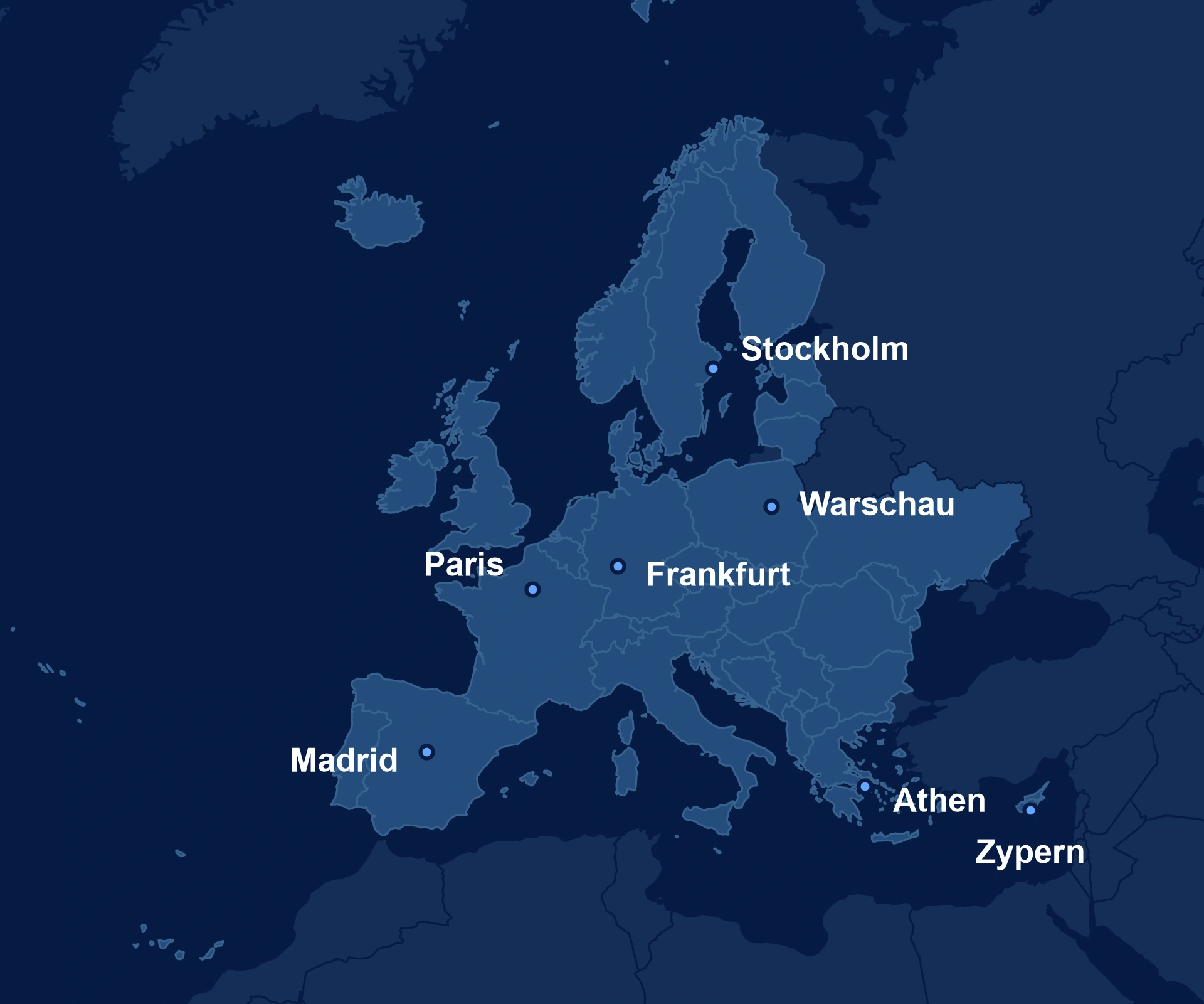 Europa von Island und Skandinavien bis zur Iberischen Halbinsel, Griechenland und Zypern. Madrid, Paris, Frankfurt, Stockholm, Warschau und Athen sowie Zypern sind zur Orientierung markiert.