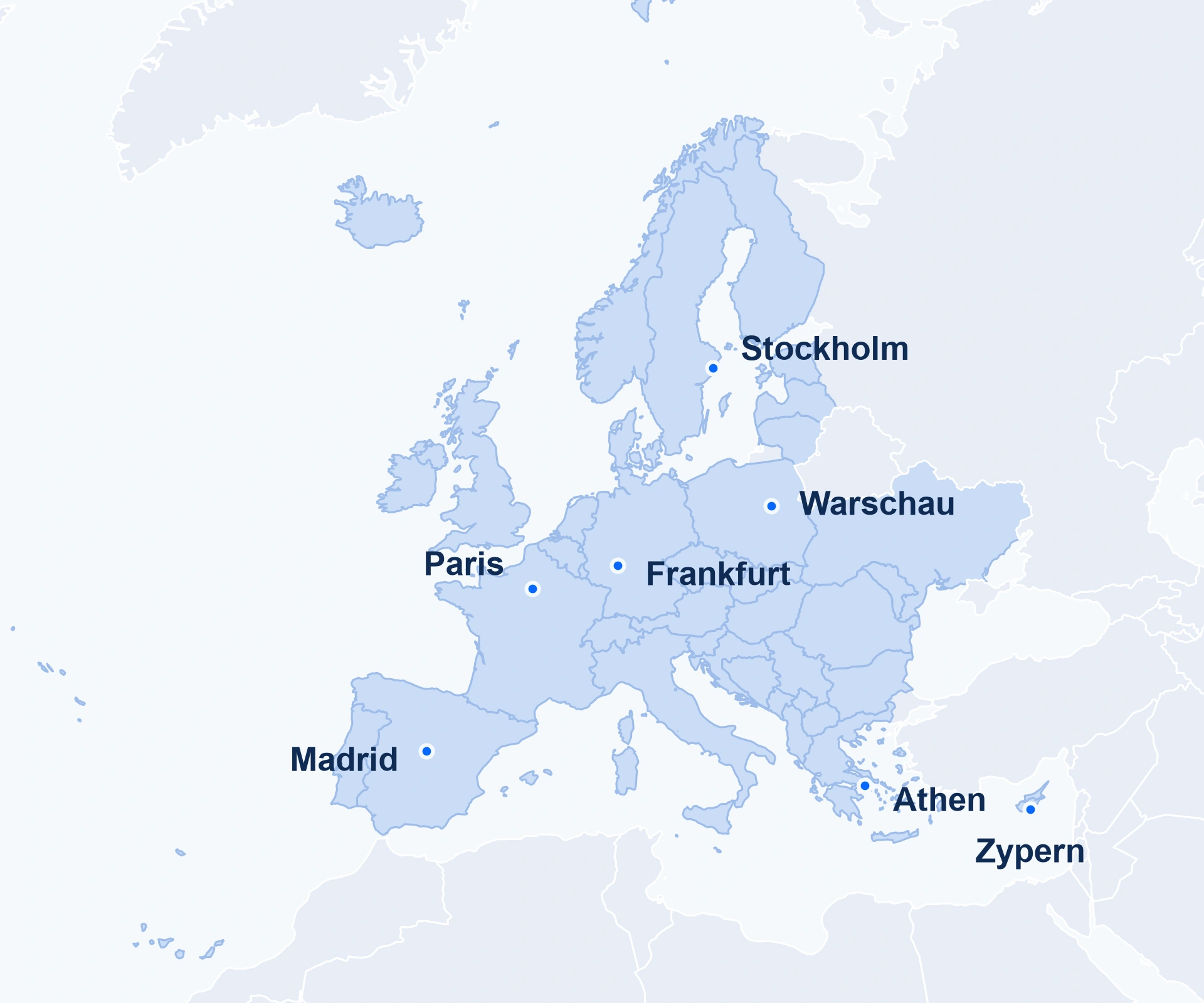Europa von Island und Skandinavien bis zur Iberischen Halbinsel, Griechenland und Zypern. Madrid, Paris, Frankfurt, Stockholm, Warschau und Athen sowie Zypern sind zur Orientierung markiert.