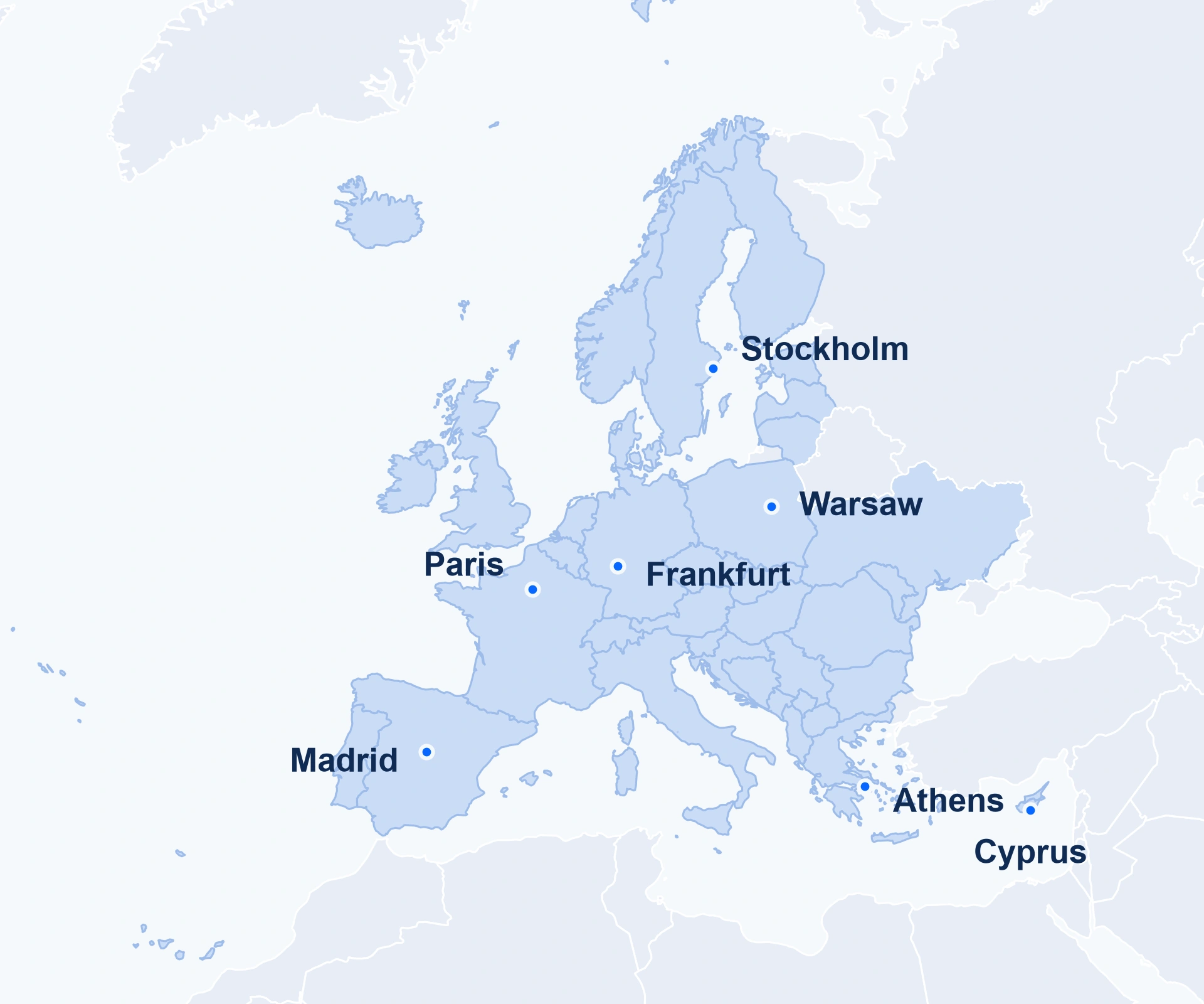Europe from Iceland and Scandinavia to the Iberian Peninsula, Greece and Cyprus. Madrid, Paris, Frankfurt, Stockholm, Warsaw, Athens and Cyprus are marked for orientation.