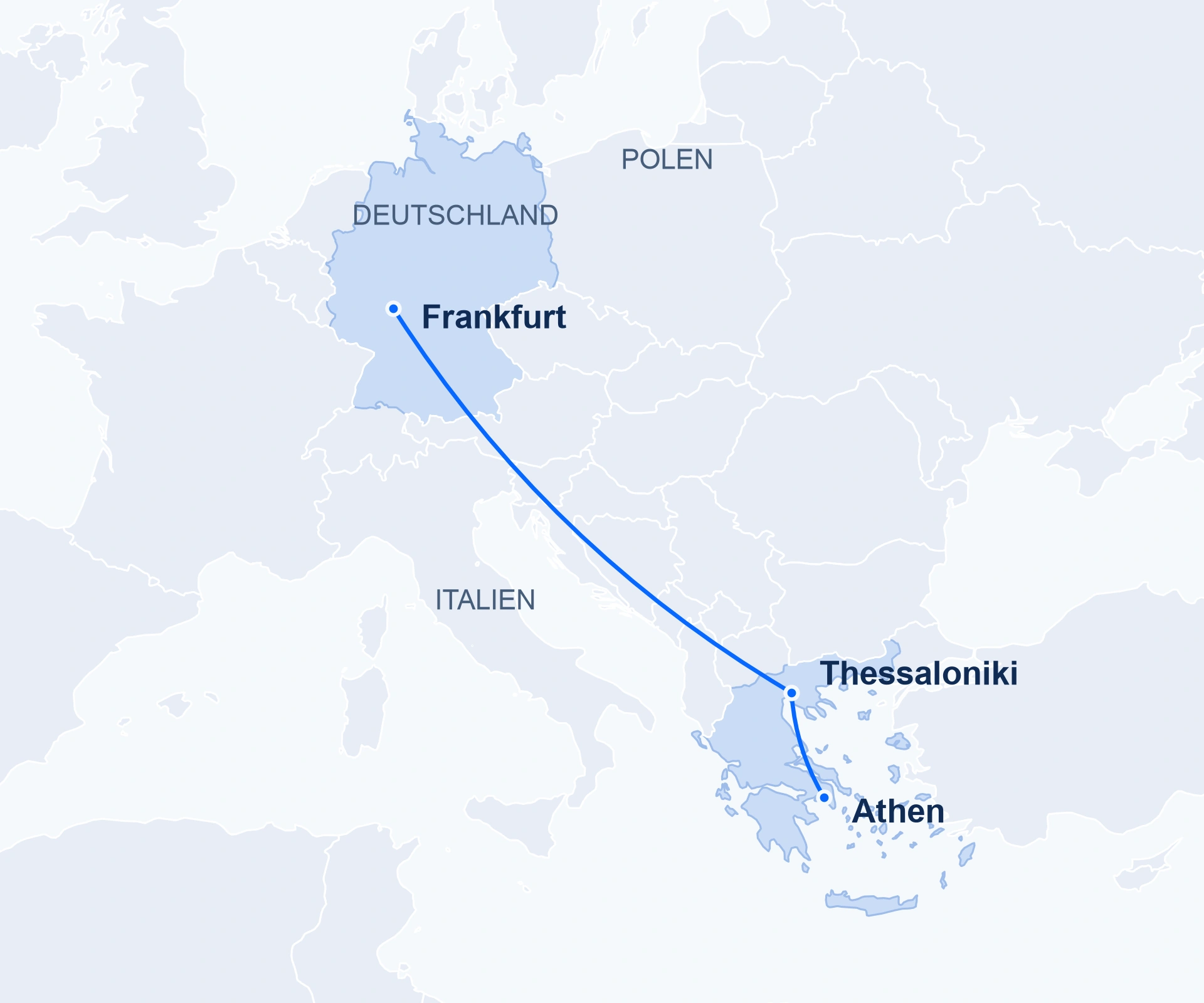 Deutschland und Griechenland mit Frankfurt, Thessaloniki und Athen. Verbindungen schematisch.