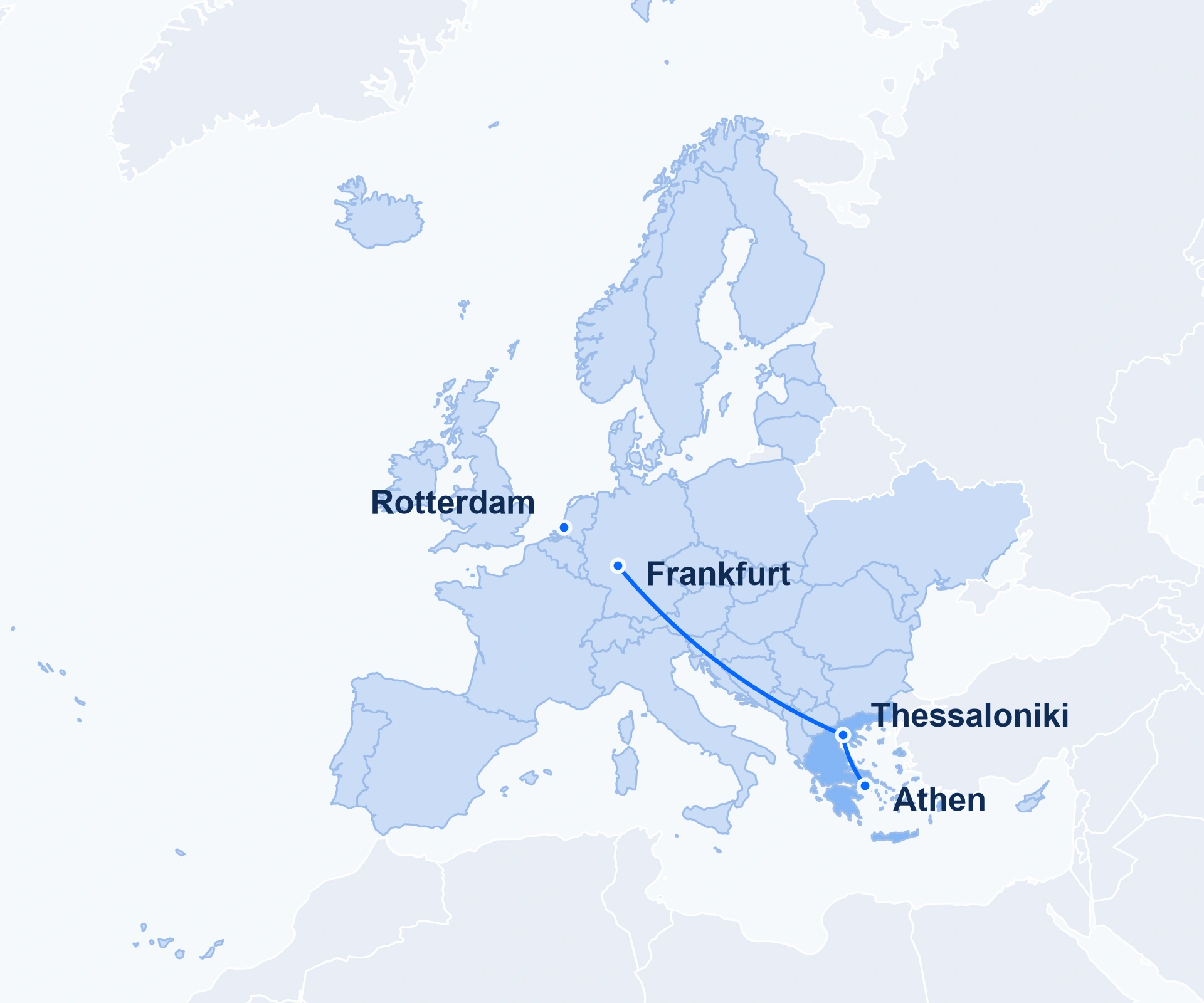 Europakarte von Island und Skandinavien bis Griechenland. Griechenland ist hervorgehoben; Rotterdam, Frankfurt, Thessaloniki und Athen sind markiert. Verbindungen schematisch.